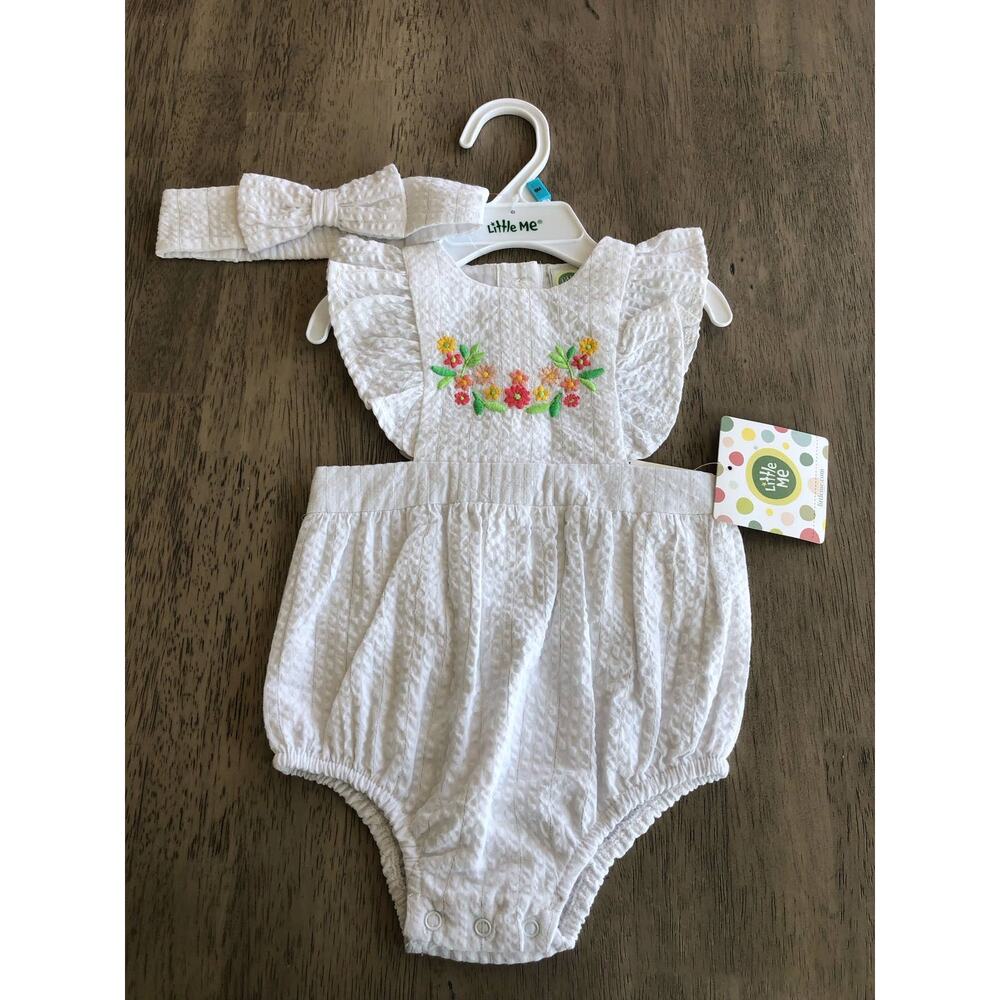 Little Me White and Gold Ruffle Floral Embroidered Onesie and Headband - 6M